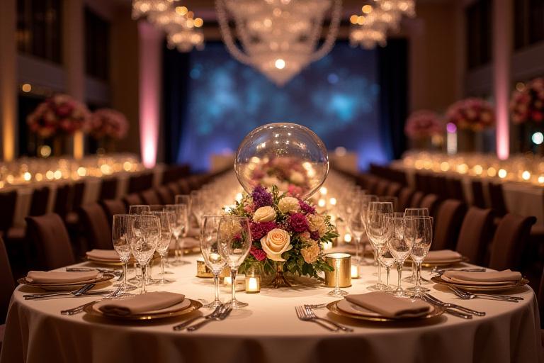 Elegant borddækning i selskabslokale